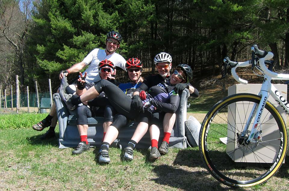 Bike riders on a couch